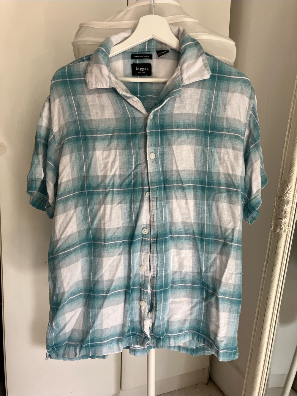 Haggar Teal and White Plaid Short-Sleeve Button-Down Shirt